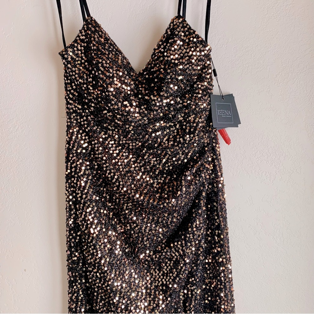 NWT Mac Duggal Sequined Gown Bronze Size 10 Gather Waist Low Back Formal Gown - Picture 10 of 14